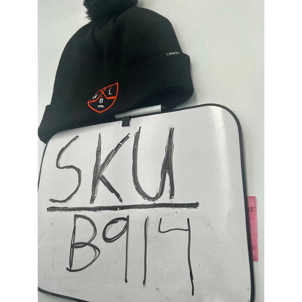 UNRL Black Knit Pom Beanie Hat Orange Shield Logo #18 Thermal Lining B914